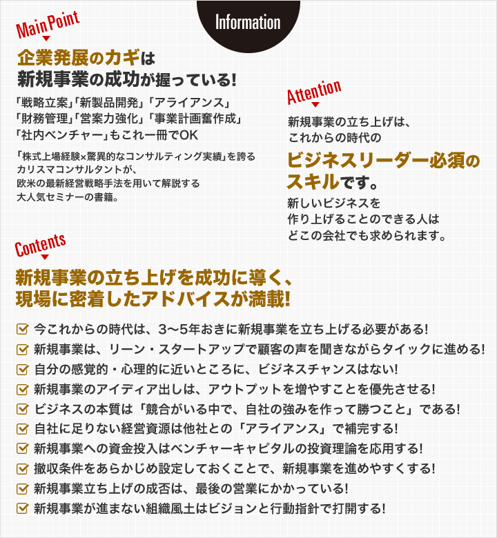 企業発展のカギは新規事業の成功が握っている!新規事業の立ち上げは、これからの時代のビジネスリーダー必須のスキルです。新規事業の立ち上げを成功に導く、現場に密着したアドバイスが満載!